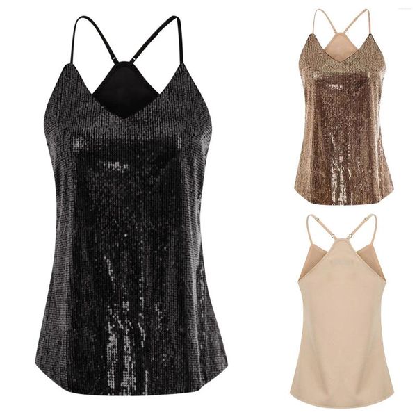 Camisoles Tanks Damen Sexy Weste Pailletten Camisole mit Spaghettiträgern V-Ausschnitt ärmellos schlank solide elegante Unterhemden