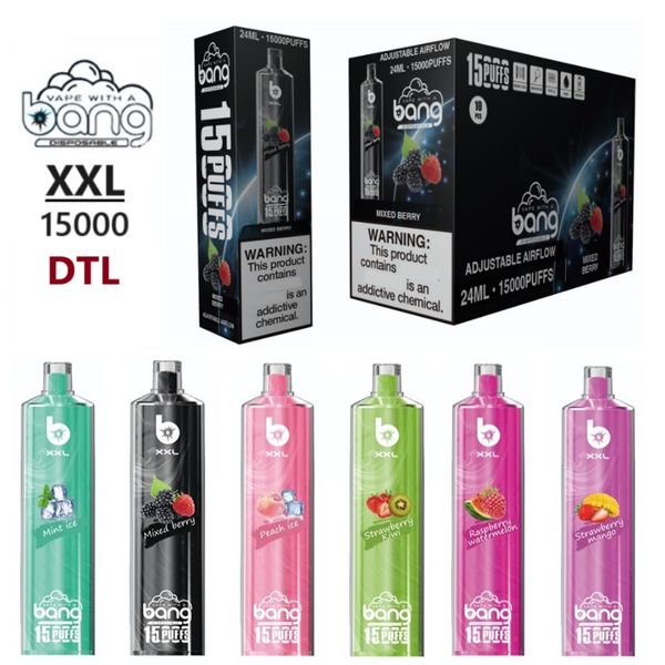 Diretto a Lung Bang XXL Narghilè 15000 sbuffi Vape monouso DTL 24ml Bobina a rete preriempita Shisha Bar Fondo staccabile Dispositivo pod flusso d'aria regolabile Sigarette elettroniche