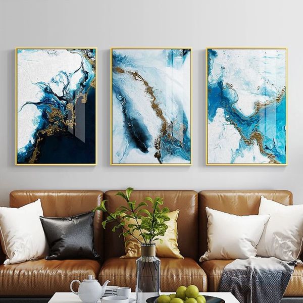 Cor de cor azul de cor abstrata nórdica Poster de pintura e impressão de lona dourada e impressão de decoração imagens de arte de parede para quarto de sala 2717