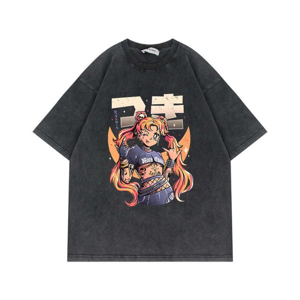 Marca linda menina guerreira camiseta oversize anime americano angustiado lavado puro algodão manga curta topo oversized