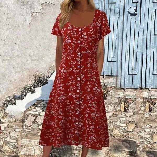 Vestidos casuais verão para mulheres 2024 moda vermelho floral quadrado pescoço botão manga curta sexy fenda vestido longo