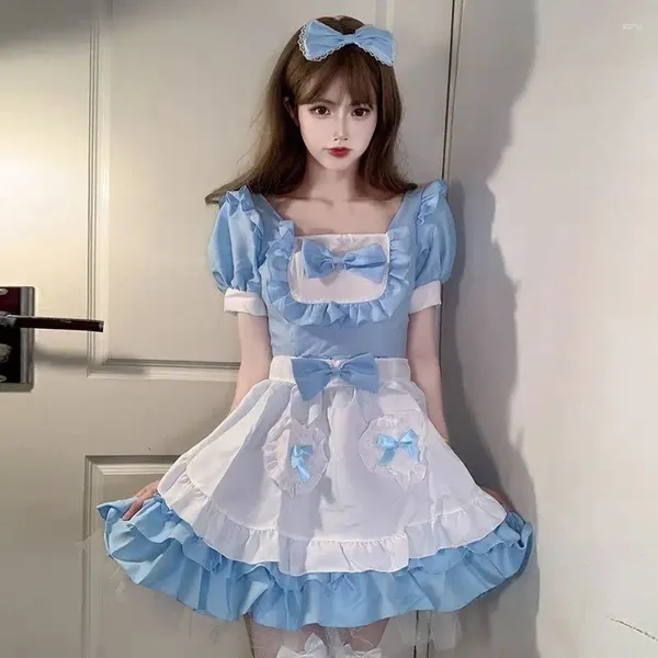 Casual Kleider Lolita Cosplay Mädchen 2024 Sommer Sexy Low Puff Sleeve Kawaii Nette Blaue Maid Kleid Party Plus Größe Y2k kurz