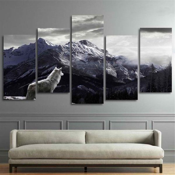 Legal hd imprime arte da parede da lona sala de estar decoração casa fotos 5 peças neve montanha planalto lobo pinturas animais cartazes framew316v