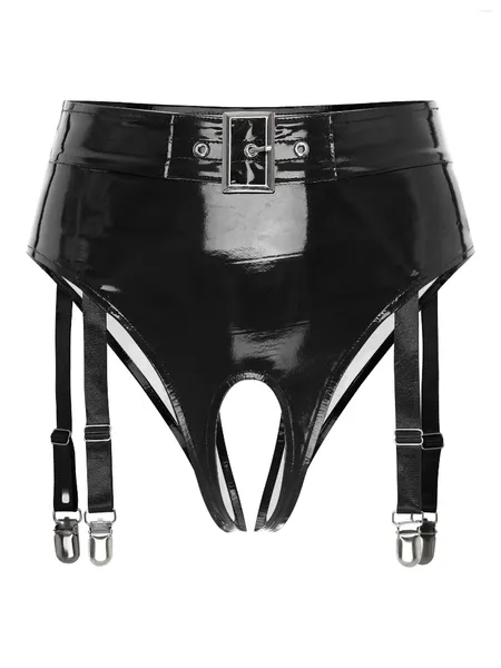 Damenhöschen Sexy Damen-Unterwäsche aus Lackleder mit Strumpfhaltern, Dessous, Porno, hohe Taille, offener Schritt, Tanga, Slips, Unterhose