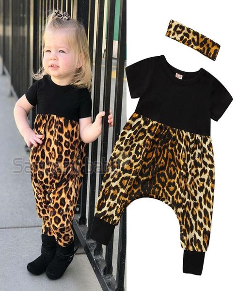 Bebê menina macacão terno infantil menina roupas casuais conjuntos de meninas leopardo manga curta ponto macacão com acessórios para o cabelo 35042472