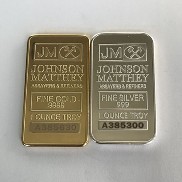 4 peças não magnéticas outras artes e ofícios América JM Coin Johnson Matthey 50 x 28 mm banhado a ouro e prata barra de cecoração com 202o