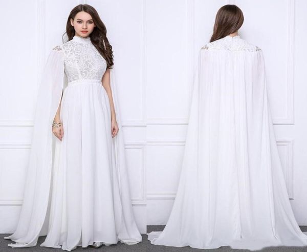 Vestidos formais elegantes da noite branca longos com enrolar uma linha de renda de chiffon capa de pescoço de pescoço de capa saudita caftan celebridade baile p6996256