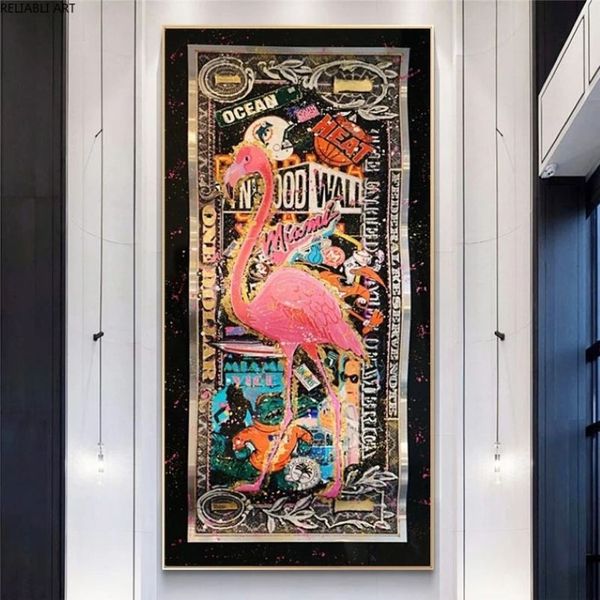 Graffiti-Flamingo auf goldenem Dollar, abstrakte Kunstdrucke, Geldbilder auf Leinwand, Wandgemälde für Wohnzimmer, Heimdekoration, Poster, 299 m