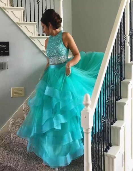 Zweiteiliges Ballkleid Quinceanera-Kleider, glitzernde Pailletten, Perlen, Tüll, Rüschen, bodenlang, nach Maß, 2019 Mädchen-Festzug, Abschlussball, Kleid 7931704