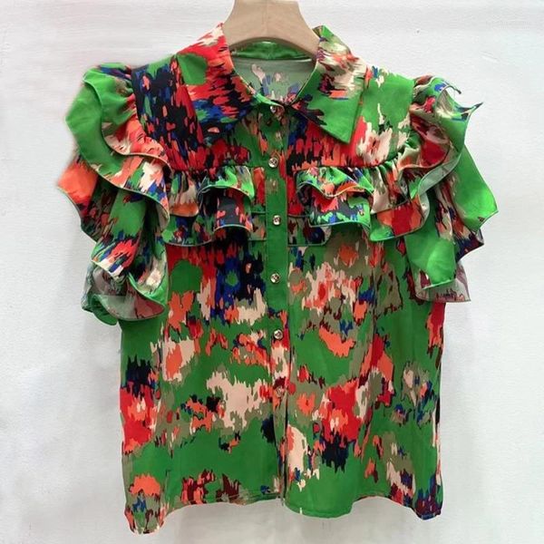 Blusas femininas dalmazzo designer francês verão babados camisa topos para mulher lapela único breasted impressão chiffon chique feminino 2024