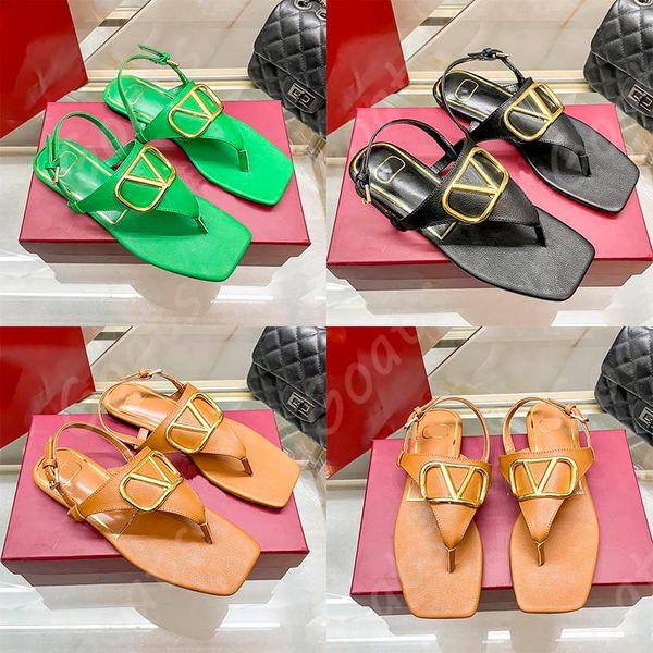 Flache Tanga-Sandale für Damen, Sommersandalen, Paris, Flip-Flops, Luxus-Designer-Hausschuhe, Mädchen-Strandschuhe, körniges Kalbsleder, Slides, Loafer-Schuhe, große Größe 35–42, Messing-Hardware