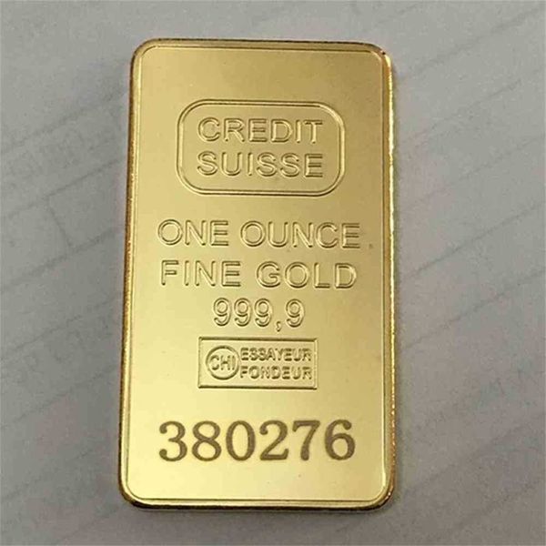 10 Stück nicht magnetische CREDITSUISSEIngot 1 Unze vergoldeter Goldbarren Schweizer Souvenirmünze Geschenk 50 x 28 mm mit verschiedenen Serienlasern 197f