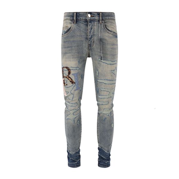 Новые модные брендовые рваные буквы Return To The Ancients, заплатки с вышитыми отверстиями, эластичные зауженные синие джинсы для мужчин, стилист