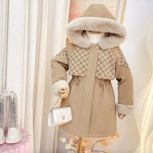 Piumino invernale per ragazze Cappotto giacca a vento addensata Giacca con cappuccio moda Parka Abbigliamento Capispalla scozzese per bambini di media lunghezza