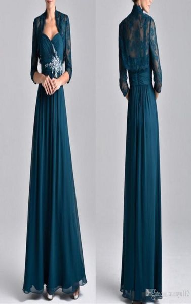 Abiti da madre vintage in chiffon blu verde acqua con maniche giacca in pizzo Abiti per la madre della sposa Abiti da sera lunghi formali con arricciature3775914