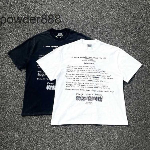 Camiseta vintage desgastada lavada de manga curta Kirt Cobain Manuscript Kurt American Vtg casual solta ZYV0