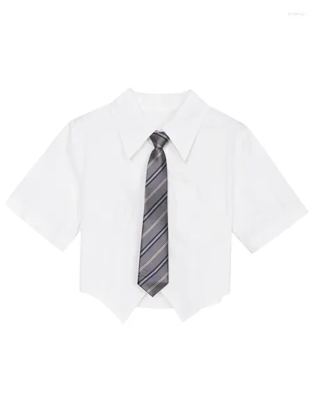 Женские блузки, летние женские японские модные тонкие уличные однотонные белые рубашки с короткими рукавами и галстуком, укороченный топ Gyaru, уличная одежда