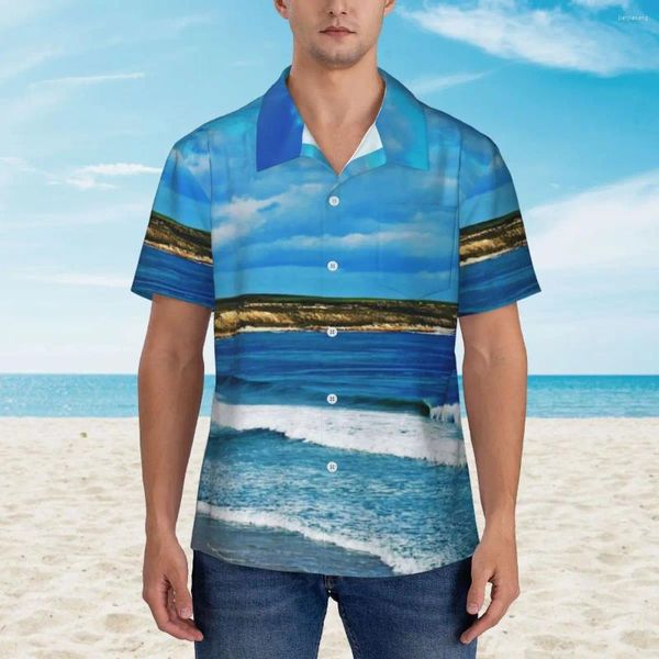 Мужские повседневные рубашки с пляжным принтом, рубашка с запахом океана, Гавайи, мужские винтажные блузки с короткими рукавами, забавная одежда на заказ Y2K
