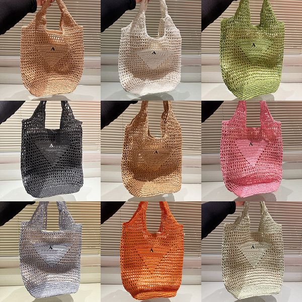 Mulheres Designer Ráfia Palha Weave Sacola Itália Marca De Luxo Milano Bordado Triângulo Selo Net Bolsa De Compras Senhora Grande Capacidade Sandy Beach Bolsas De Ombro