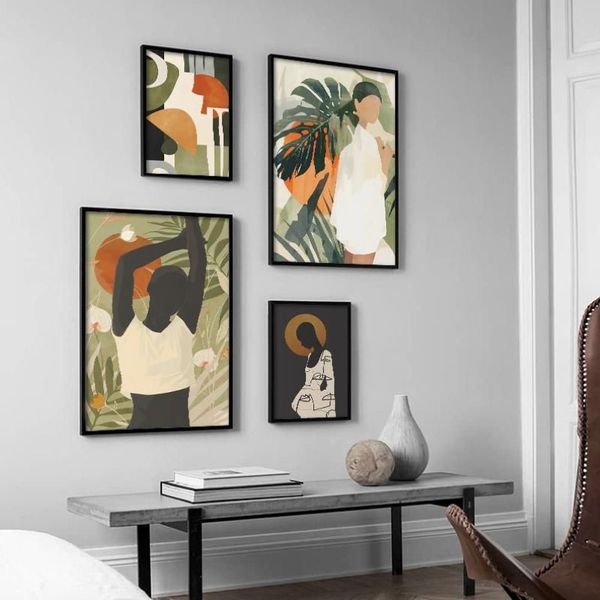 Donna nera astratta Piante tropicali Wall Art Canvas Pittura Poster e immagine stampa per soggiorno camera da letto Modern Home Decor P216B