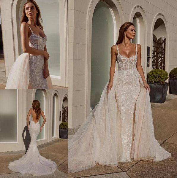 Pallas Couture Sirena 2020 Gonna oversize Abiti da sposa con strascico staccabile Applique in pizzo Perline Abiti da sposa Backless Country Wed3672528