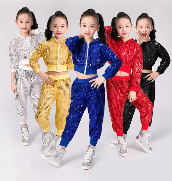 Детский костюм для джазового танца с блестками для девочек, танцевальная одежда в стиле хип-хоп, комплект одежды для уличных танцев, костюм для выступления на сцене9093449