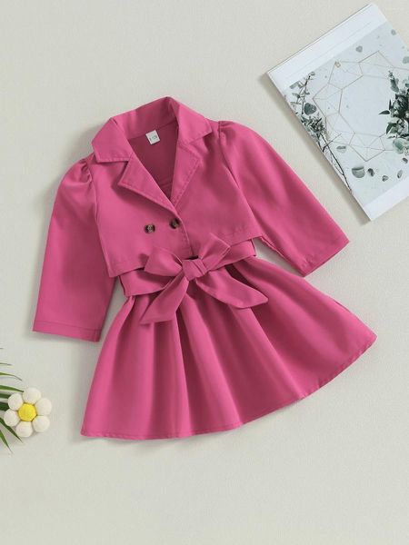 Kleidungssets Mädchen ärmelloses Kleid mit Gürtel und zweireihigem Trenchcoat-Outfit – stilvoller Frühling und Herbst für Kinder