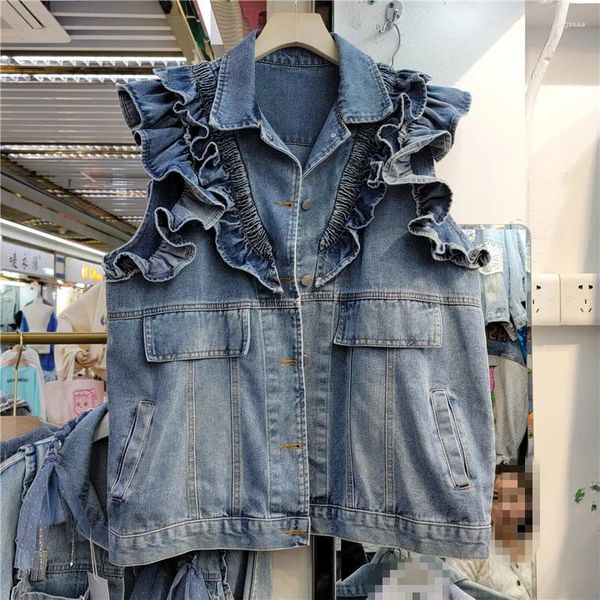 Coletes femininas primavera verão coreano denim colete mulheres vintage azul colete solto cowboy sem mangas jaqueta casaco grande bolso jeans feminino