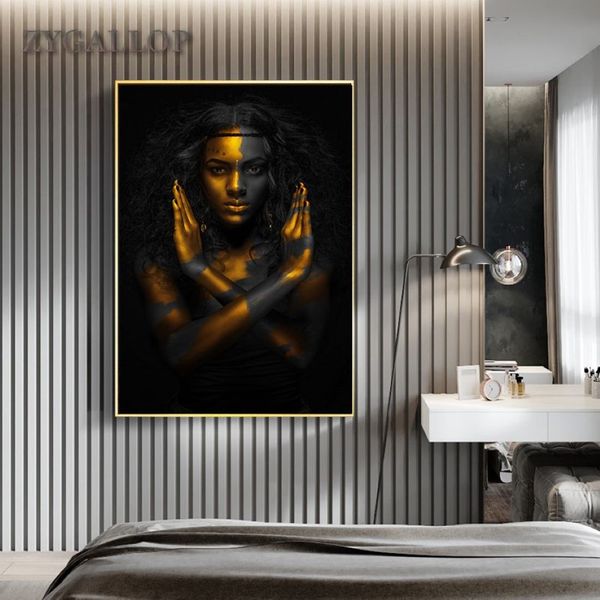 Oro Donna Nera Tela Pittura Arte Africana Donna Poster Dipinti Moderni per Soggiorno Immagini A Parete Decorazione Della Casa Cuadro303V