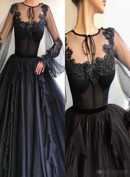 Schwarze, lange Poet-Ärmel-Abschlussballkleider, Spitzenapplikationen, Perlenjuwelen, Rüschen, Stufenrock, nach Maß, Abschluss-Ballkleid, formelles Abendkleid, 2409150