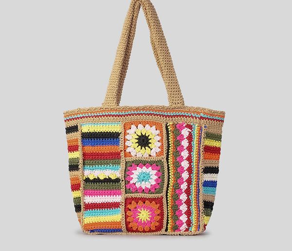 Abendtaschen, böhmische bunte Blumentasche, gehäkelt, für Damen, Schultertasche, lässig, handgefertigt, gewebte Handtaschen, bunte gestrickte Einkaufstasche, böhmische