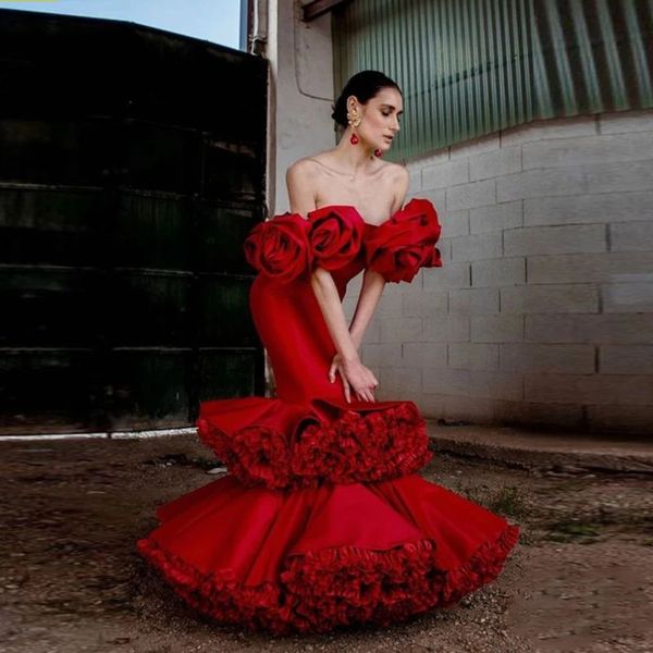 Rote Meerjungfrau-Flamenco-Abschlussballkleider mit Stufen-Tutu, formelle Kleider, handgefertigte Blumen, Tanzkleid für besondere Anlässe für Frauen, bodenlang, schicke Mode, Abendgarderobe 2024