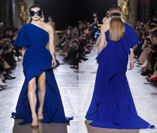 Elie Saab Runway High Low Prom Dresses 2019 Royal Blue One Capped Meia Manga Cocktail Party Formal Gowns7029847