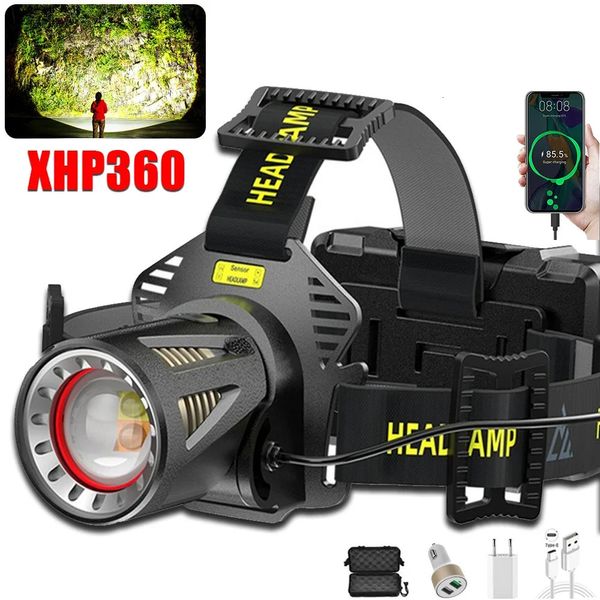 Xhp360 led farol zoomable sensor farol usb recarregável cabeça lanterna ao ar livre à prova dwaterproof água pesca banco de potência emergência 240301