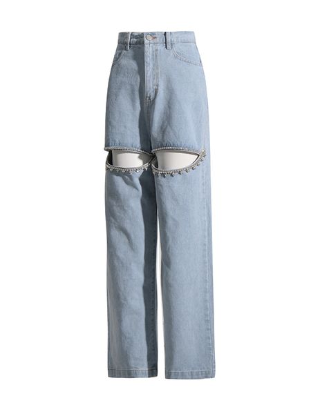 Jeans a gamba larga da donna a vita alta Pantaloni in denim Pantaloni Jean dal design cavo sexy Jeans lucidi con strass