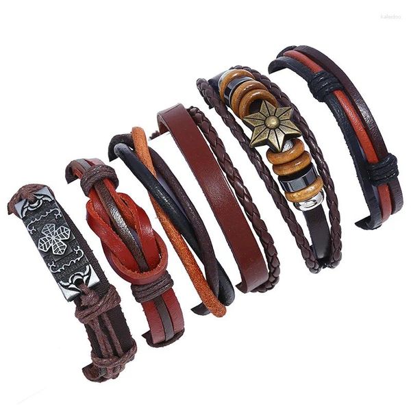 Bracelets de charme 6 PCs/Set liga estrela Cross Women Strand Minchas Vintage Red Brown Men Leather Homme Femme Masculino Jóias de Presente Masculino