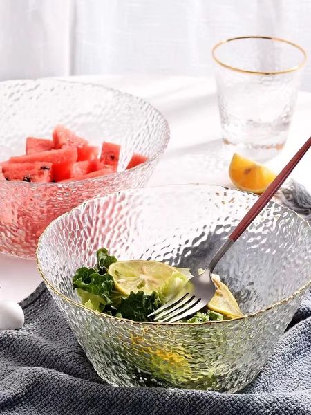 Высококачественная стеклянная салатница с фруктами, большая бытовая посуда в скандинавском стиле с рисунком молотка ветра, креативная посуда с золотыми краями и сердечками для девочек