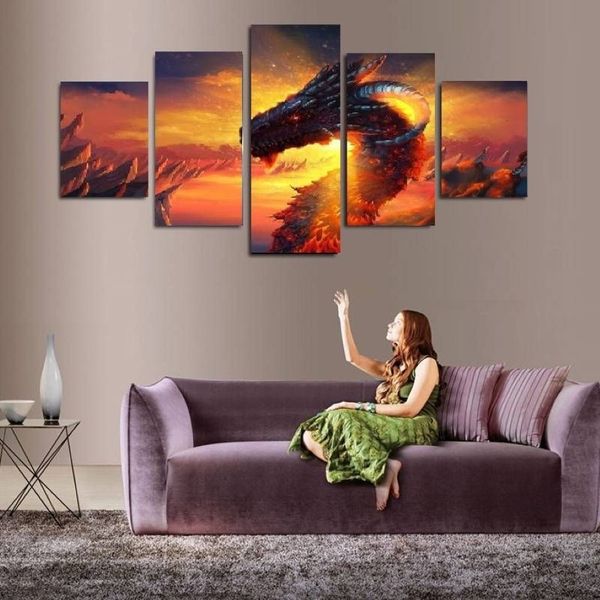 5 pçs / conjunto brilhante dragão arte da parede pintura a óleo sobre tela sem moldura pinturas impressionistas animais imagem sala de estar decor258l