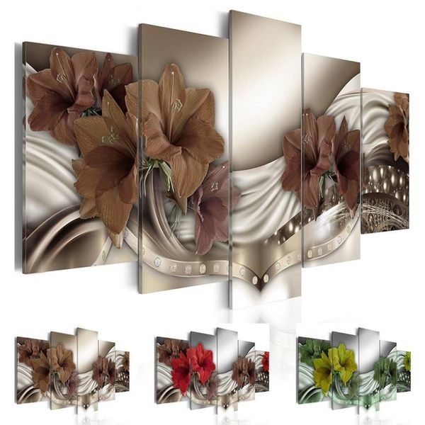 Moda Wall Art Canvas Painting 5 Pezzi Rosso Marrone Verde Diamante Gigli Fiore Decorazione domestica moderna Senza cornice2801