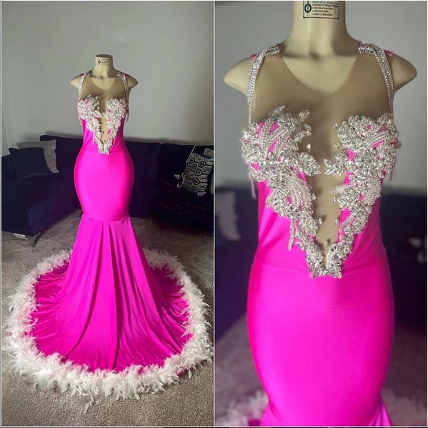 Vestidos de festa de baile de strass rosa quente para mulheres trem de penas sereia preto meninas vestidos de festa de aniversário