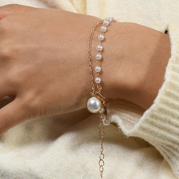 Braccialetti a maglie Semplice doppio strato Bracciale con perle imitazione Regalo di accessori per gioielli femminili naturali alla moda
