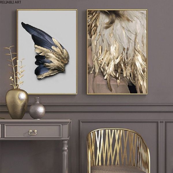 Nordic dourado e preto asa arte da parede pinturas em tela folhas abstratas impressões de arte parede e cartazes para sala estar decoração casa 269h