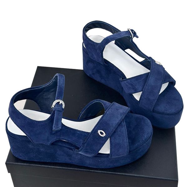 24ss Pelle Scamosciata da Donna Zeppa Sandali con Tacco e Plateau Slingback Scarpe Eleganti Scivoli Regolabili con Fibbia alla Caviglia con Strass Scarpe da Sposa Rosa Scarpe Casual Blu Navy