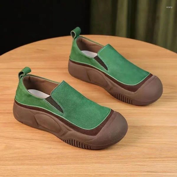 Повседневная обувь, весна-осень 2024, комплект одинакового цвета с круглой головкой, кожаные модные женские универсальные туфли на плоской подошве