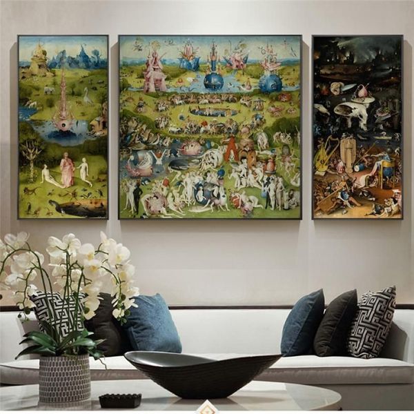 Dipinti 3 Pannelli Il Giardino Terrestre di Hieronymus Bosch Riproduzioni Immagine Modulare Tela Wall Art For Living Room Decor209m