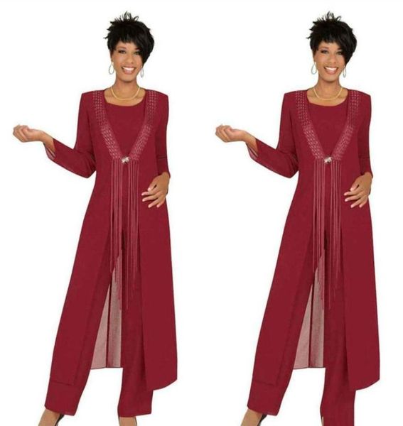 Üç Parçalı Kızıl Mother, Ceket Şifon ile Gelin Pantolon Takımları Özel Yapımı Uzun Kollu Düğün Konuk Elbisesi Özel Made4486704