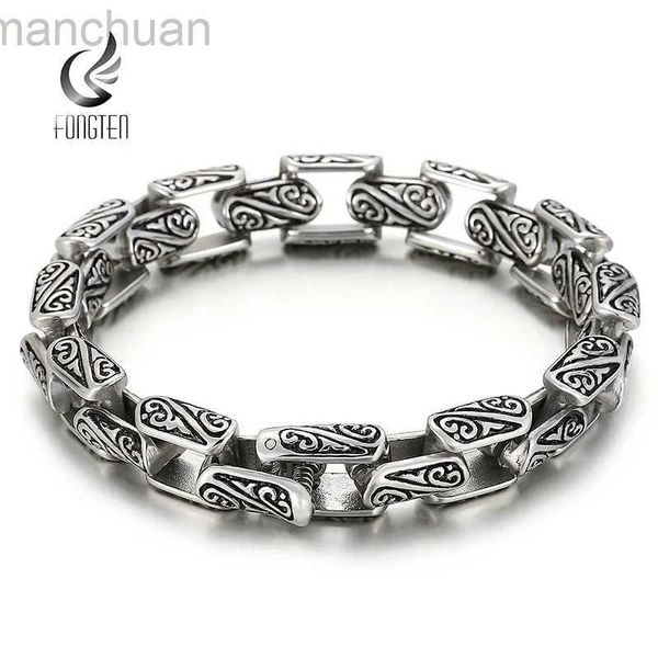 Bracciale Fongten Braccialetti con ciondoli quadrati vintage per uomo Acciaio inossidabile Colore argento Catena a maglie Totem Braccialetti da polso Gioielli maschili ldd240312