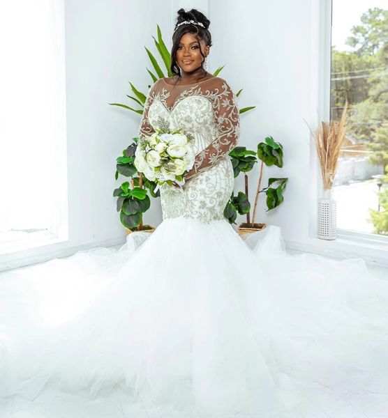 Plus size sereia vestido de casamento transparente mangas compridas rendas apliques tule vestidos de noiva feito sob encomenda trem de varredura vestido de novia