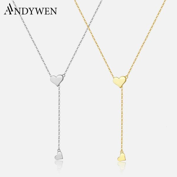 ANDYWEN 925 Sterling Silber Gold Verstellbare Kette Herz Anhänger Charm Halskette Drop Choker Resizable Frauen Luxus Schmuck 240306