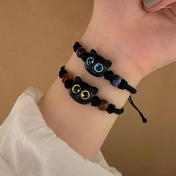 Link-Armbänder, niedliches blaues gelbes Katzenaugen-Monster für Paare, Stil, schwarz, handgewebt, ausziehbares Armband, Zubehör, Mädchen-Geburtstagsgeschenk